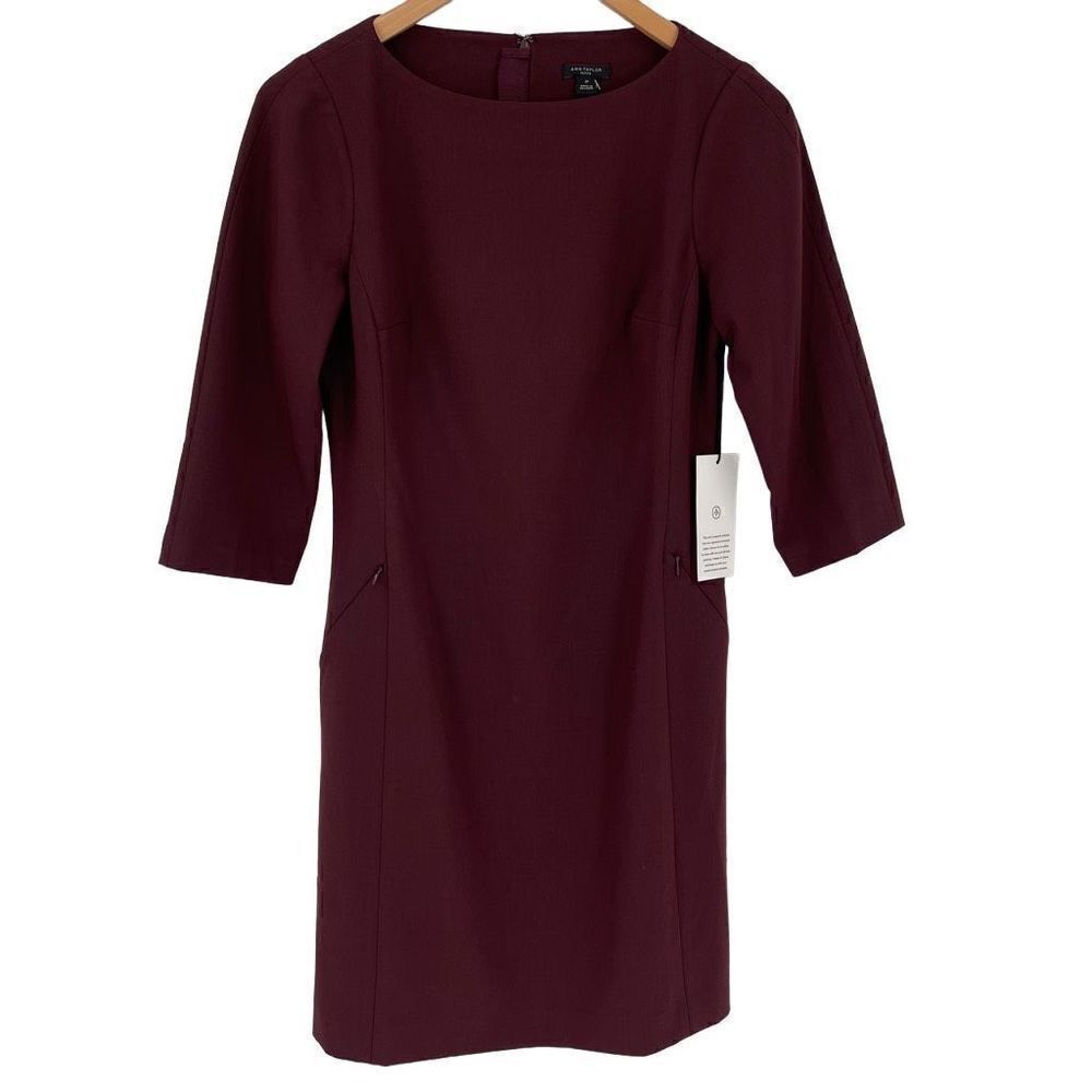 Ann Taylor 3/4 Sleeve Knee Length Sheath Dress Women‎ 2 Petite Burgundy Business